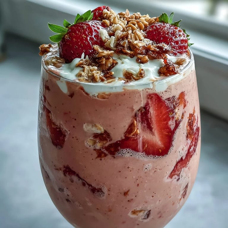 3. Thick and creamy strawberry shortcake protein smoothie featuring vanilla protein powder, oats, and almond milk for lasting energy.