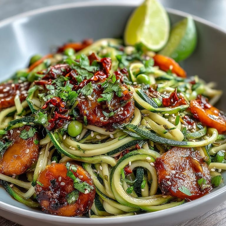 Wholesome zucchini noodle stir fry featuring spiralized zucchini, crisp snap peas, and sesame-ginger sauce
