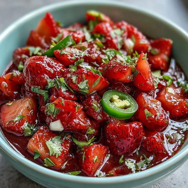 Vibrant strawberry salsa with fresh cilantro, jalapeño, and lime zest, served in a rustic bowl alongside crispy tortilla chips.