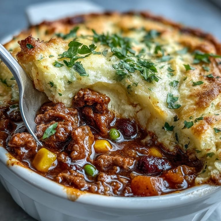 Hearty Shepherds Pie Soup with Ground Beef and Veggies, packed with tender potatoes, peas, and carrots in a savory broth.