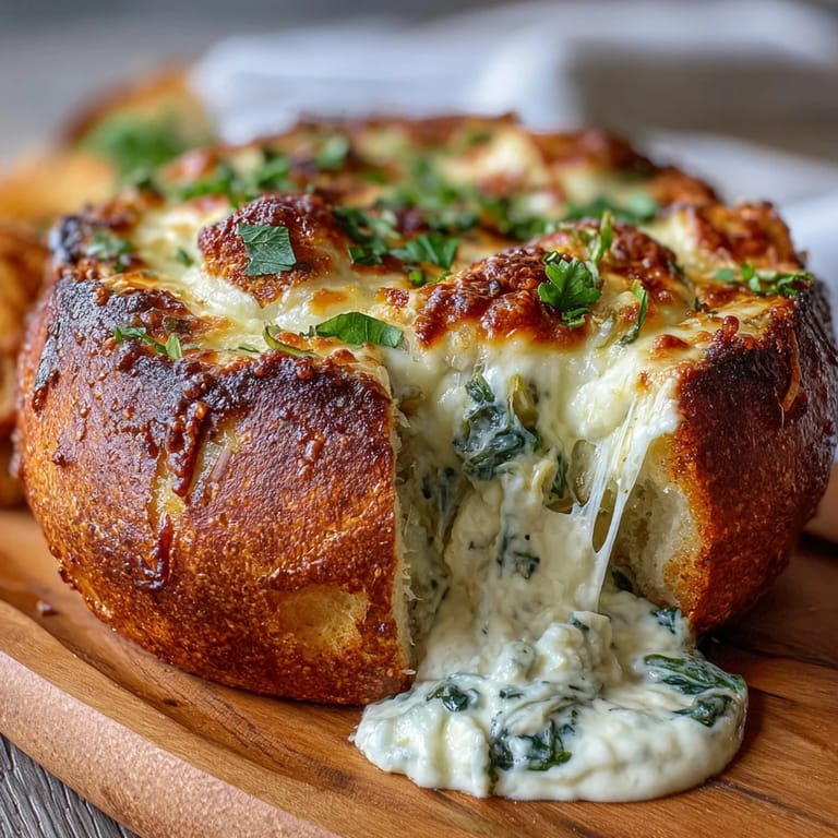 Warm spinach artichoke dip with melted cheese, served in a crusty sourdough bread bowl for a festive appetizer.