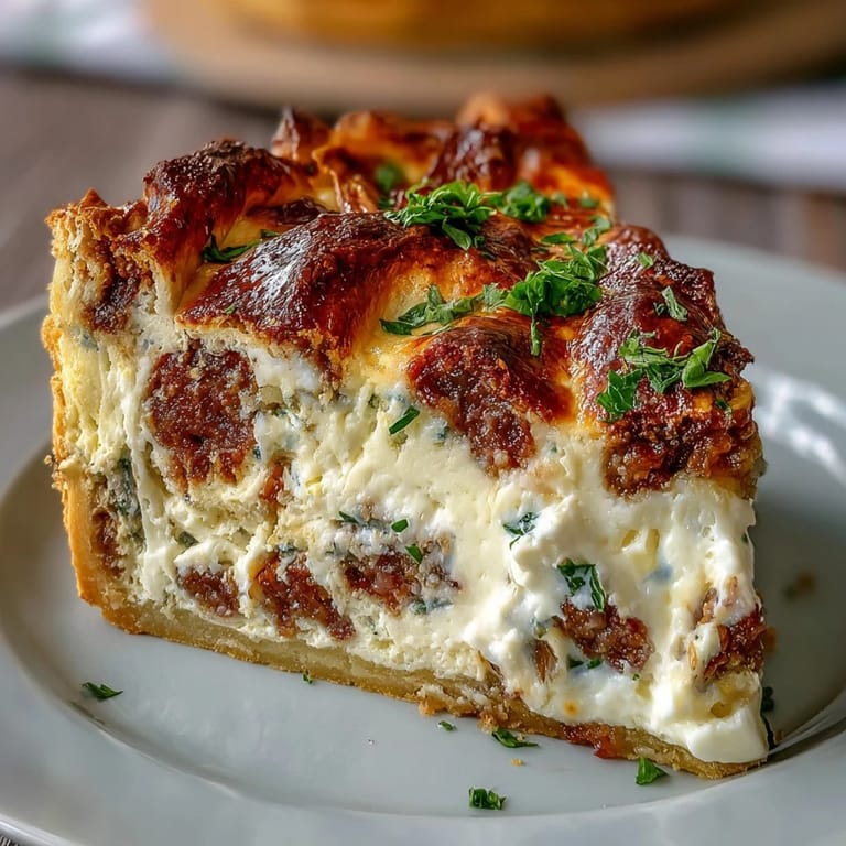 Traditional Italian Easter pie features ricotta, mozzarella, and salami in a flaky golden pastry crust.