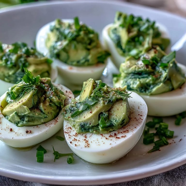 Vibrant green avocado deviled eggs garnished with chives and dill, served chilled for spring gatherings.  