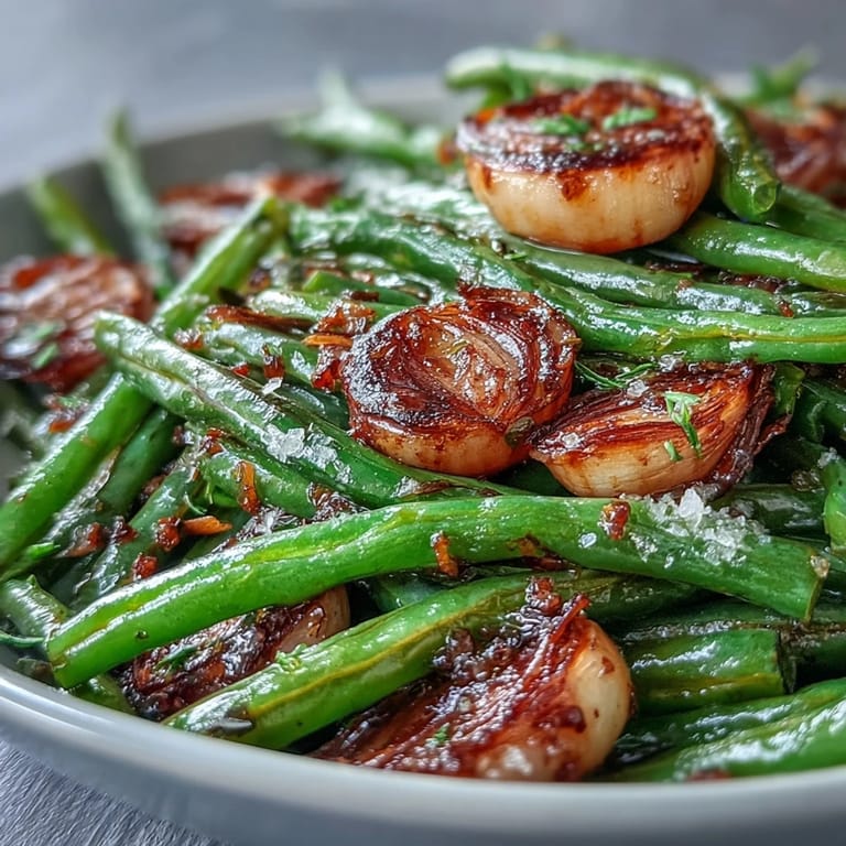Garlic-infused roasted green beans with caramelized edges, topped with toasted almonds for added crunch and flavor.