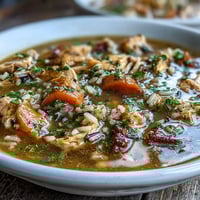 A steaming bowl of chicken and wild rice soup with carrots, celery, and tender shredded chicken in a savory broth.