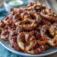 Game Day Baseball Snack Board with Pretzels and Dips on a rustic wooden platter, surrounded by colorful dips, cheeses, and crunchy vegetables for sharing.