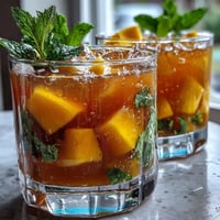 Refreshing mango peach iced tea with fresh mint leaves, served over ice with fruit slices for a vibrant summer drink.  