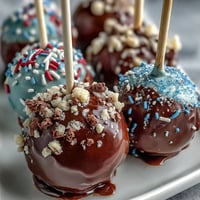 Graduation cake pops in school colors with gold sprinkles, a festive dessert perfect for celebrating academic milestones.