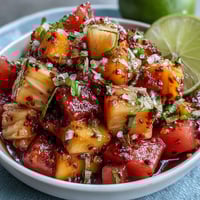 Vibrant mango fruit cups with a zesty lime and chili kick, perfect for a refreshing summer snack.